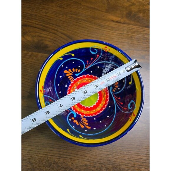 Hand-Painted Ceramic Bowl From Spain With Vibrant Blue Orange & Yellow Patterns - Picture 2 of 14